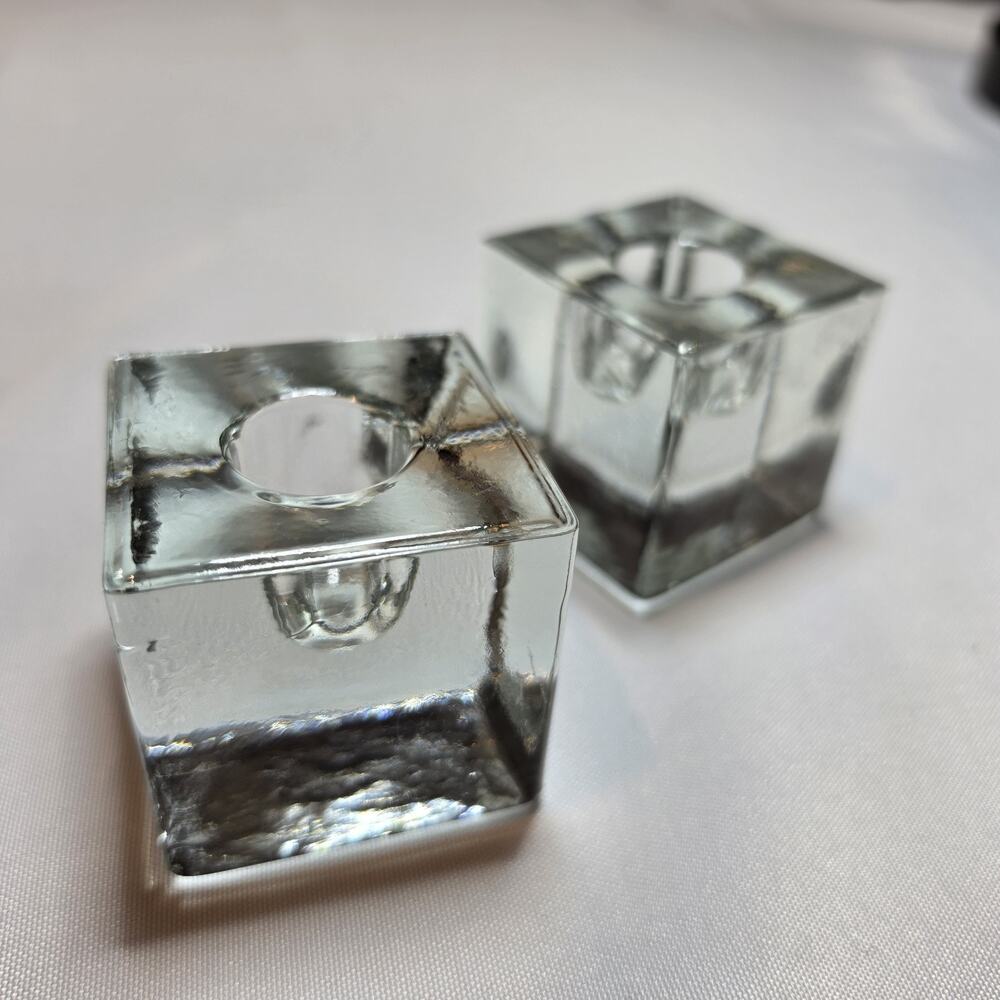 Vintage Blenko Clear Glass Ice Cube Taper Candle Holders Heavy MCM Block Set 2